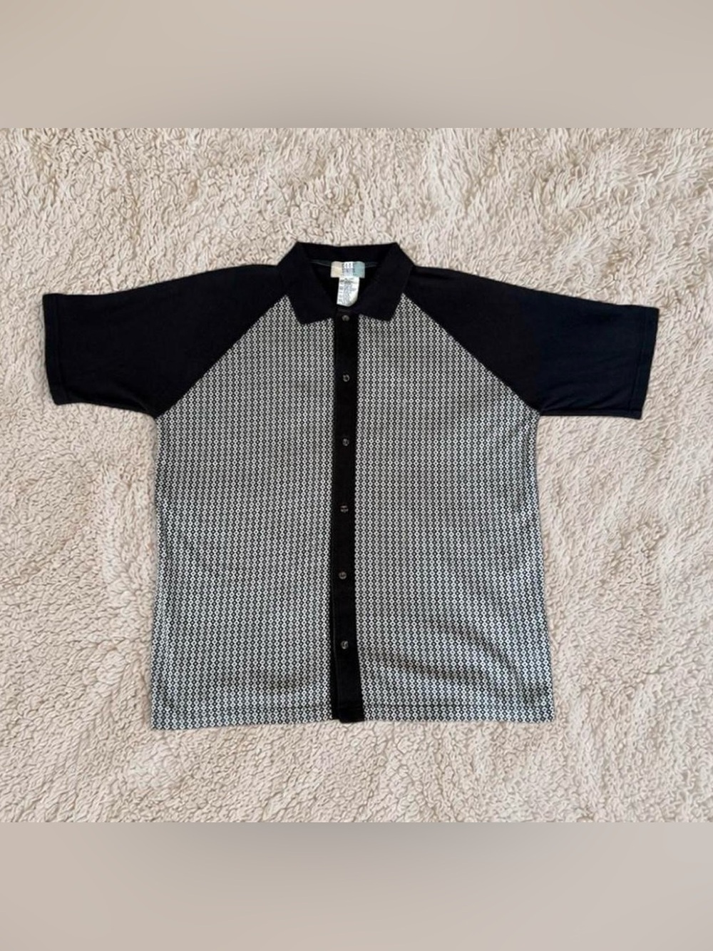 Vintage City Streets Black & White Diamond Print Button-Up Polo